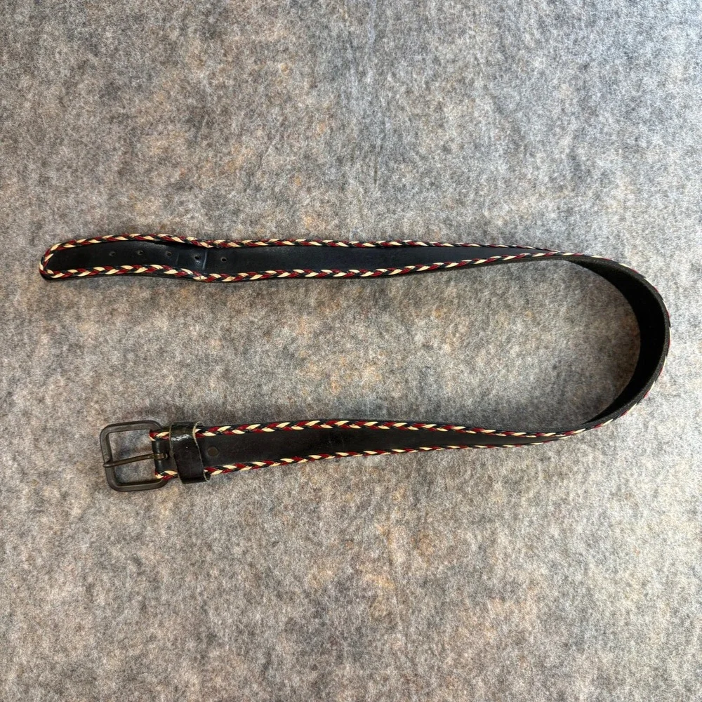Leather Belt Women 38 Cowhide Leather Black Red White Blue Braided Trim Western